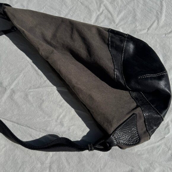 Iyiami Handbags Black Leather Charcoal Cotton Canvas Sling Bag - Picture 7 of 11